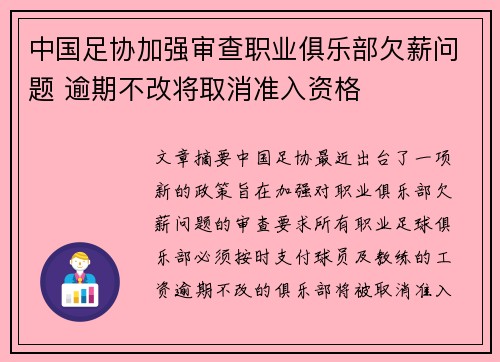 中国足协加强审查职业俱乐部欠薪问题 逾期不改将取消准入资格